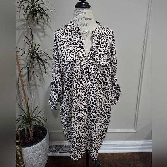 NWT Calvin Klein Leopard Print Blouse Sz.3XL long Sleeve Roller Up - Picture 1 of 11